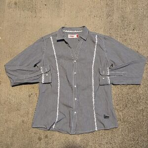 Bobson Women's Striped Button Down Shirt with Lace Trim Size M